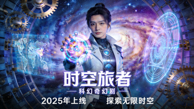 科幻奇幻剧《时空旅者》海报，未来科技与奇幻元素结合