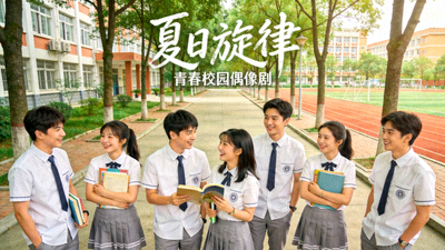 青春校园偶像剧《夏日旋律》海报，年轻演员校园场景